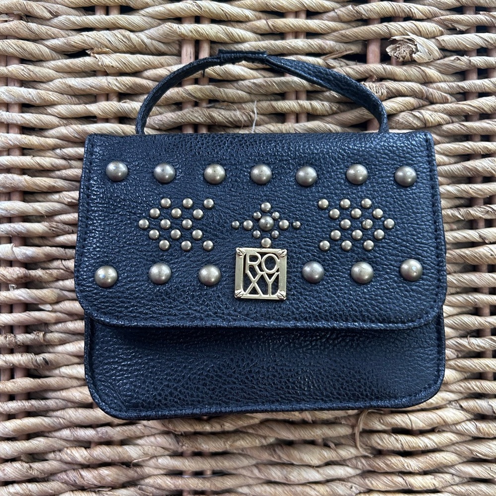 Roxy Black Mini Cross Body Bag with Gold Studs and Vanity Mirror